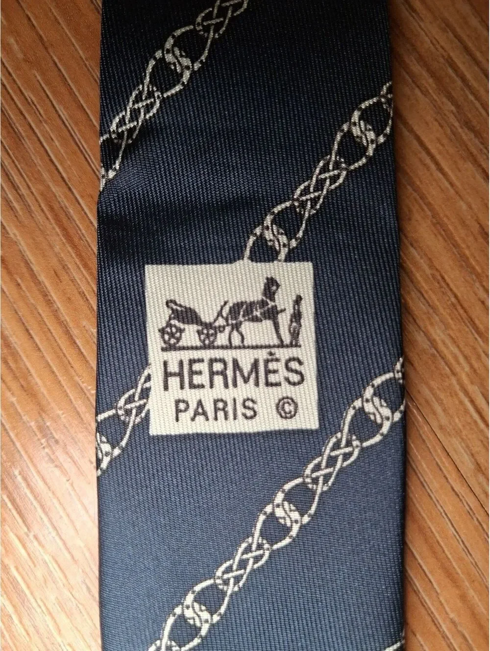 VINTAGE Hermes Silk Tie Navy Horse Chain Links Equestrian